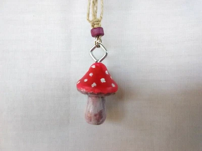 Painted Wooden Mushroom Pendant Hemp Necklace 17" Unisex  USA Seller Gift - Image 1 of 4