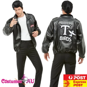 Mens T-Birds Gang Jacket 1950 50s Black Grease Danny T bird Tbird Costume Rock - Picture 1 of 5