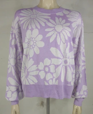 NUEVO CON ETIQUETAS Ann Taylor Loft Púrpura Blanco Floral Cuello Redondo Jersey Damas Grande Foto 1 de 4