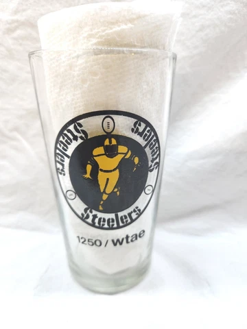 Vintage Ultra RARE 60s PITTSBURGH STEELERS Glass 10oz TUMBLER 5" Tall WTAE 1250 Cover