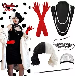 Cruella De Vil Cosplay Halloween Kostüm Zubehör Set Curly Perücke Maske Dekor - Bild 1 von 11