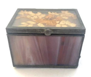 Vintage Stained Glass & Pressed Flower Trinket Jewelry Box 3 x 2" - Picture 1 of 7