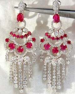 16.20 Carat Red Ruby Round Drop CZ Dangling Chandelier Omega Back Silver Earring