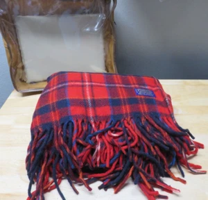 Vintage Pendleton Red Blue Black Fringe Plaid Made In USA Virgin Wool Blanket - Picture 1 of 11