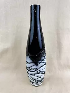 Black and White Art Glass Vase Bottle with Spagetti Texture MCM - Picture 1 of 8