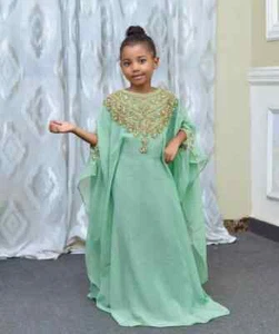 Kids Gown Dress Green Georgette Kaftan Stylish Long Moroccan EID Party Wedding - Picture 1 of 3