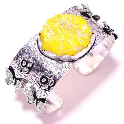 Yellow Titanium Druzy Gemstone Adjustable Bangle Antique Vintage Jewelry BGL 174 - Image 1 of 4