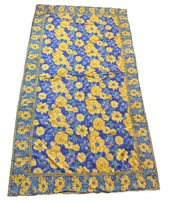 Vintage April Cornell Cotton Blue and Yellow Garden Floral Print Tablecloth 93” - Image 1 of 4