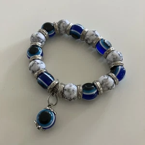 Silver Blue & White Glass Bead Stretch Greek Turkish Arab Bracelet Evil Eye Prot - Picture 1 of 5