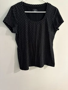 Philosophy Blouse Women’s Size Large White Polka Dots On Black Short Sleeves - Picture 1 of 4