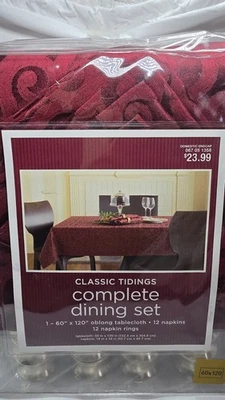 Table Setting Oblong Tablecloth 60x120 12 Napkin Rings Napkins Red Gold Damask  - Image 1 of 4