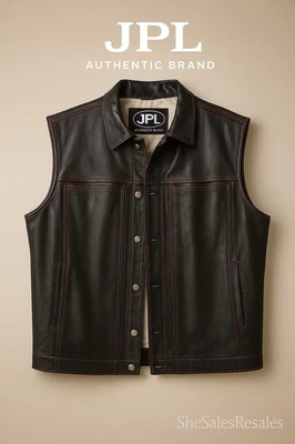 JPL Men’s 4XL/54 Black Leather Biker Vest with Red Stitching, Western Button-Up - Image 1 of 4
