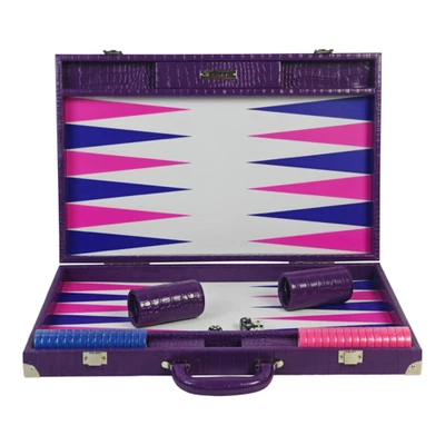 Florida Purple Luxury Backgammon Set, Tournament Size, Blue and Pink Design - Image 1 of 4