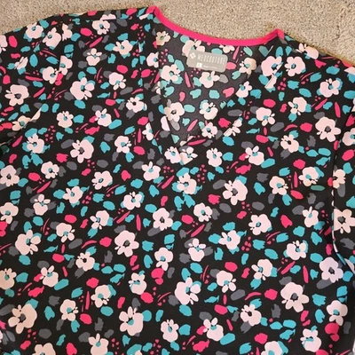 Med Couture Scrub Top Floral Womens Sz Large Black Pink Blue  With Pockets - Image 1 of 4