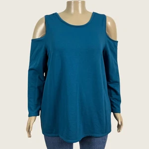 Lane Bryant Blue Green Cold Shoulder Strappy Back Tunic Shirt Top 18W 20W PLUS - Picture 1 of 7