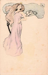 Postal Art Nouveau de colección mujer en vestido rosa artista Josef Rudolf Witzel - Imagen 1 de 2
