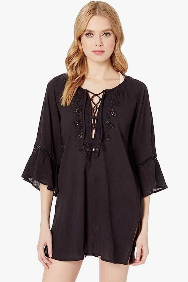 O'Neill BLACK Salt Water Solids Long-Sleeve Swim Dress Cover-up US X-Small