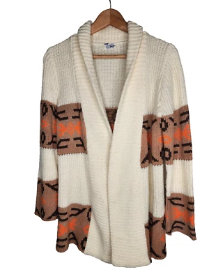 Vintage 1970s Southwestern Aztec Knit Cardigan Sweater in Ivory and Brown Size S - Image 1 of 4