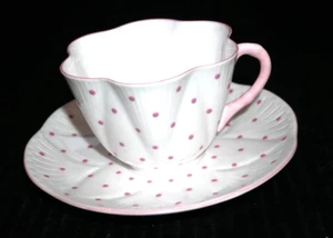 Shelley Pink Polka Dot Cup & Saucer #13748/P Dainty Shape Pink Trim handle Eng - Picture 1 of 6