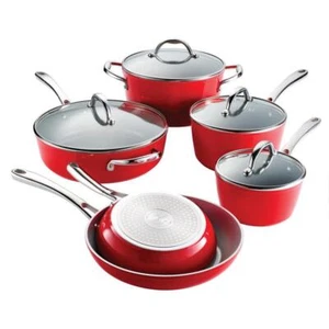 Juego de utensilios de cocina Tramontina 10 piezas cerámica antiadherente aluminio con tapas de vidrio rojo - Imagen 1 de 9