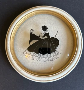 Silhouette nera dipinto rovescio vetro convesso cornice legno rotonda dama vittoriana - Foto 1 di 7