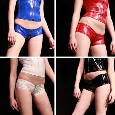 女士人造乳胶短裤拉链低腰湿面弹力热裤俱乐部服性感 — 第 1/4 张图片