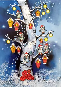 Postkarte Kunst Post Winter Schnee Weihnachten Vögel Eulen Lichter Vogelhaus Geschenke - Bild 1 von 1