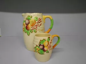 LARGE A.J. WILKINSON HAND PAINTED PITCHER JUG RAISED FRUITS + FREE SMALL ONE - Picture 1 of 6