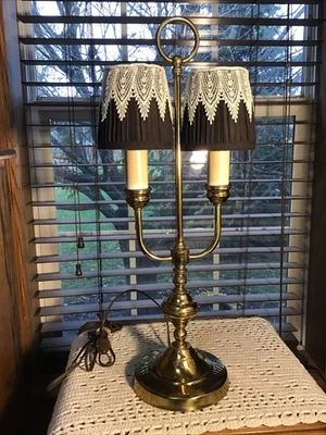 Vintage 21” Brass Double Arm Library Student Desk Lamp With Shades - Image 1 of 4