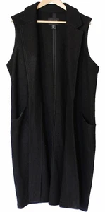 TAHARI Black BOILED WOOL DUSTER VEST Jacket 43" Long Open Pockets SZ L LRG - Picture 1 of 5