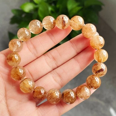 11.5mm Natural Copper Rutilated Quartz Crystal Beads Bracelet 001 - Image 1 of 4