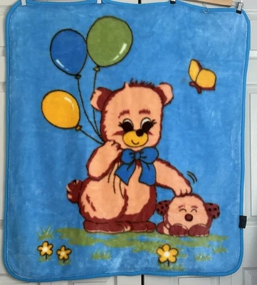 Manta de peluche Kawaii 38x42 vintage Bear Cachorro Perro Globos Azul Lux Throw Baby Foto 1 de 4