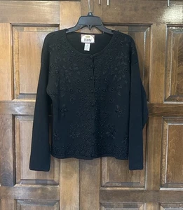 Vintage Tiara International Women’s Black Embroidered Sweater Cardigan Medium - Picture 1 of 8