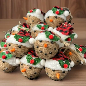 Set of 18 Rustic Farmhouse Frosty Twine Snowman Head Christmas Ball Ornaments - Picture 1 of 5