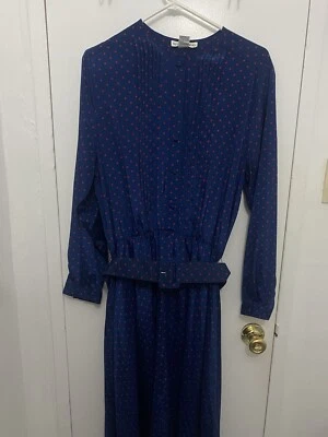 Vintage Hana Sung Women’s 18 Blue Red Polka Dot Belted Midi Flare Shirt Dress - Image 1 of 4