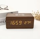 LED Wooden Digital Bedside Alarm Clock Qi Wireless Charging USB Battery 3 Alarm