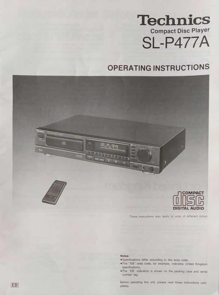 Technics SL-P477A  Compact Disc Player  - Operating Instructions - USER MANUAL - Image 1 of 1