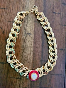 Monet Chunky Gold Tone Red Enamel Faux Pearl Choker Necklace - Picture 1 of 10