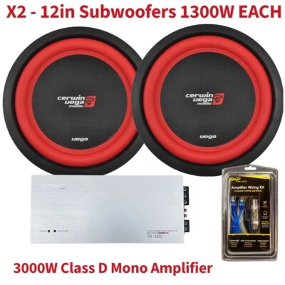 (Pack de 2) Serie Vega 12 pulgadas Subwoofer para automóvil DVC de 1300 W 4 ohmios y amplificador de 3000 vatios Foto 1 de 4