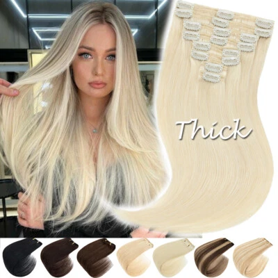 Extra Thick Double Weft Remy Clip In 100% Human Hair Extensions Full Head Blonde - Image 1 of 4