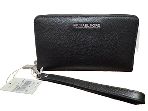 Michael Kors Jet Set Large Flat Black Silver Pebbled Leather Phone Case Wristlet - Picture 1 of 6