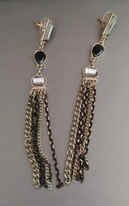 Gold Tone Shoulder Duster Earrings Chain Fringe Tassel Acrylic Lightweight 4.5” - Picture 1 of 10