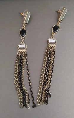 Gold Tone Shoulder Duster Earrings Chain Fringe Tassel Acrylic Lightweight 4.5” - Image 1 of 4