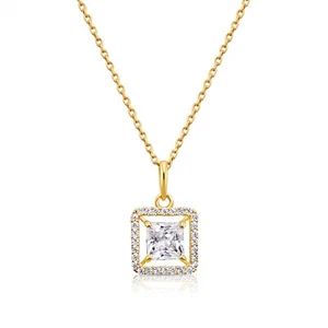 14K Real Solid Yellow Gold Princess-Cut Square Halo CZ Pendant Necklace 18 in - Picture 1 of 13