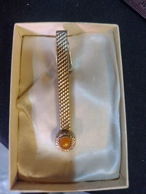 Vintage Gold Tone Orange Stone Tie Clasp Clip SWANK Cabochon Or Topaz  - Image 1 of 4