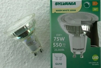6 X 6W GU10 LED bulb SYLVANIA 550lm WARM WHITE 3K bulbs DIMMABLE 6 Watt 29141 - Image 1 of 4
