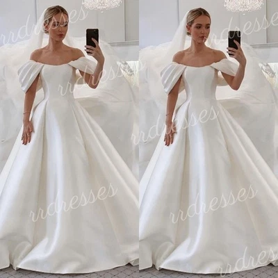 White Ivory Wedding Dresses Satin Off Shoulder Lace-up Summer 2025 Bridal Gowns - Image 1 of 4