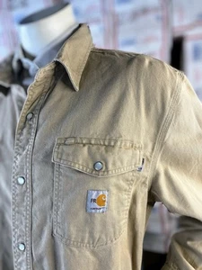 Carhartt FR Flame Resistance ๐ฅ Mens L Pearl Snap NFPA 2112 Khaki Long Sleeve - Picture 1 of 10