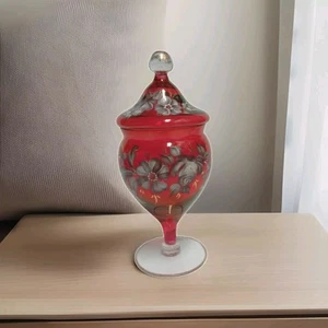 VTG Hand Painted Floral Cranberry Glass w/ Gold Trim Candy Jar Apothecary Candy - Picture 1 of 8
