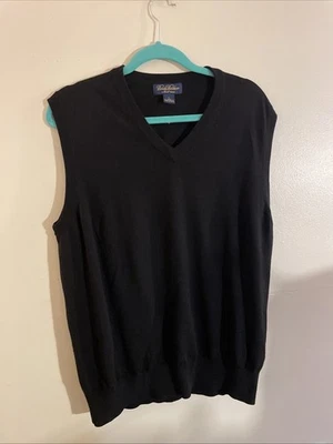 Brooks Brothers SaxXon Wool Sweater Vest Mens L Black Stretch Waist V-Neck - Image 1 of 4